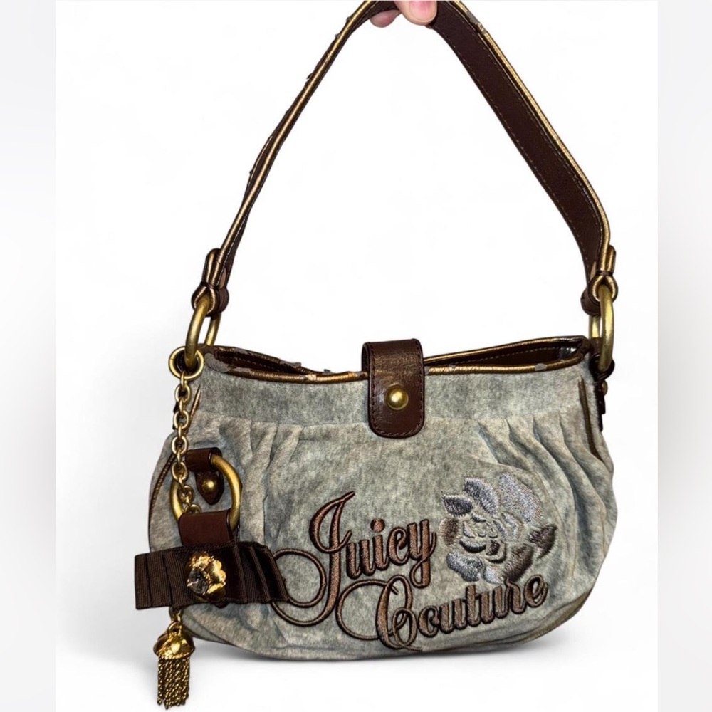 Vintage Y2K Juicy Couture Grey Velour Shoulder Bag with Tassel Charm